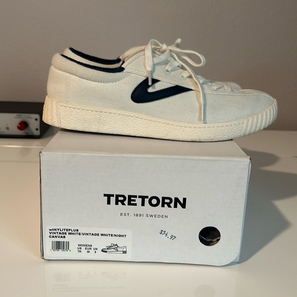 Tretorn Vintage White Canvas Sneakers with Navy Trim
